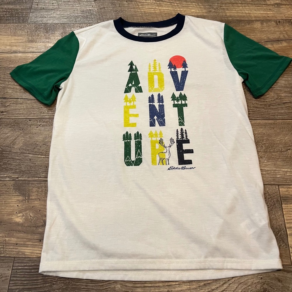 Eddie Bauer Kids Adventure Graphic Tee White Green Colorblock Shirt Size L 14/16